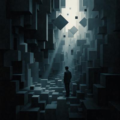 The primary subject of the image is a man standing in a dark, narrow passage with a series of cubes surrounding him. The setting appears to be a futuristic or industrial environment, with the man being the focal point of the scene. The visual style of the image is a black and white illustration, giving it a dramatic and moody atmosphere. The dominant colors are shades of gray, black, and white, which contribute to the overall mood of the scene.